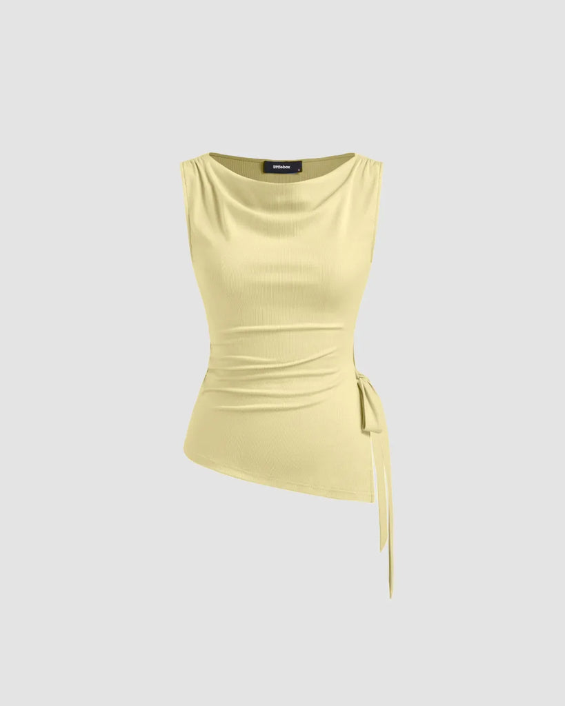  yellow sleeveless top with a high neck and ruched side detailing, perfect for a stylish summer look
