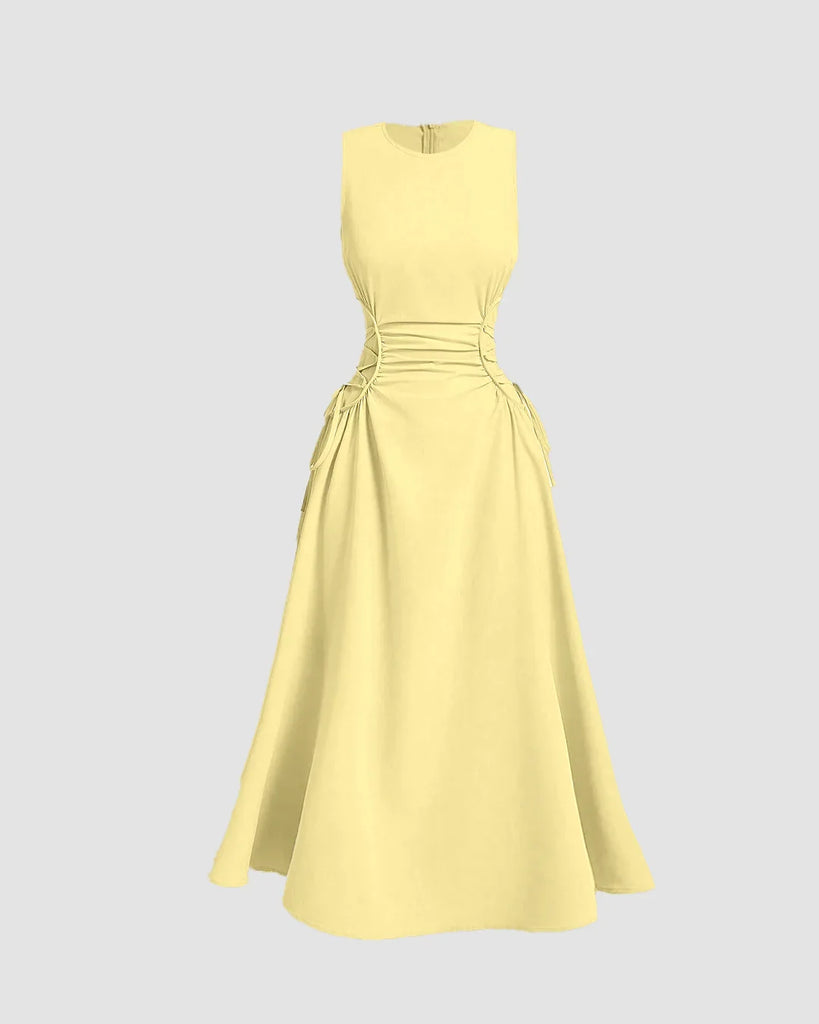 Vanilla sleeveless midi dress featuring side ruched detail, elegantly designed for a stylish look.
