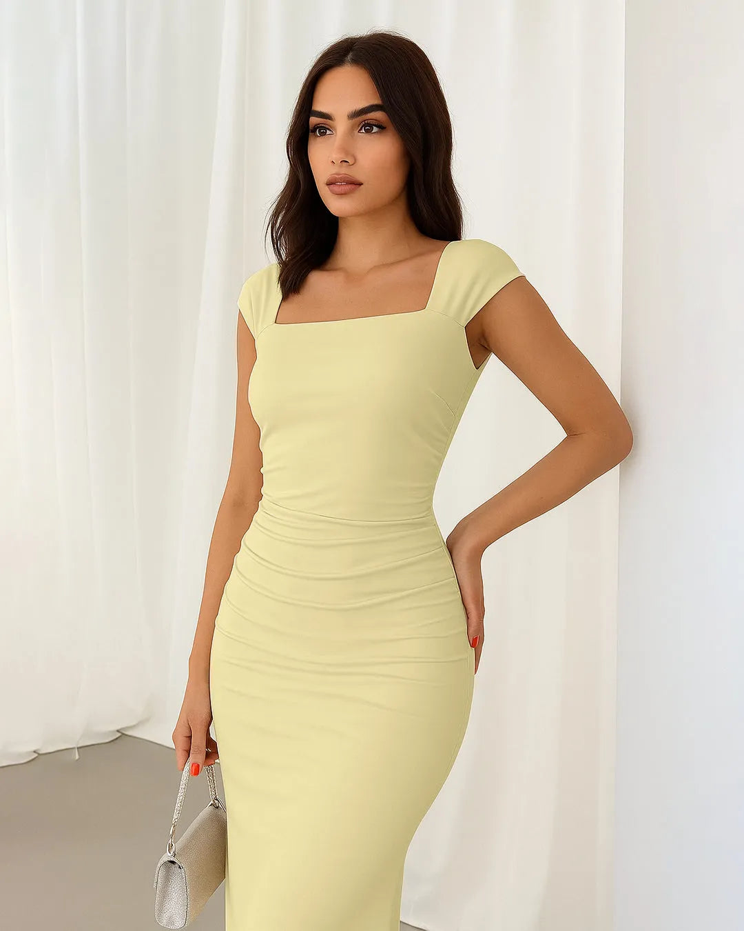 knee length dresses for ladies Square Neck Cap Sleeve Bodycon Midi Dress knee length dresses for ladies Square Neck Cap Sleeve Bodycon Midi Dress
