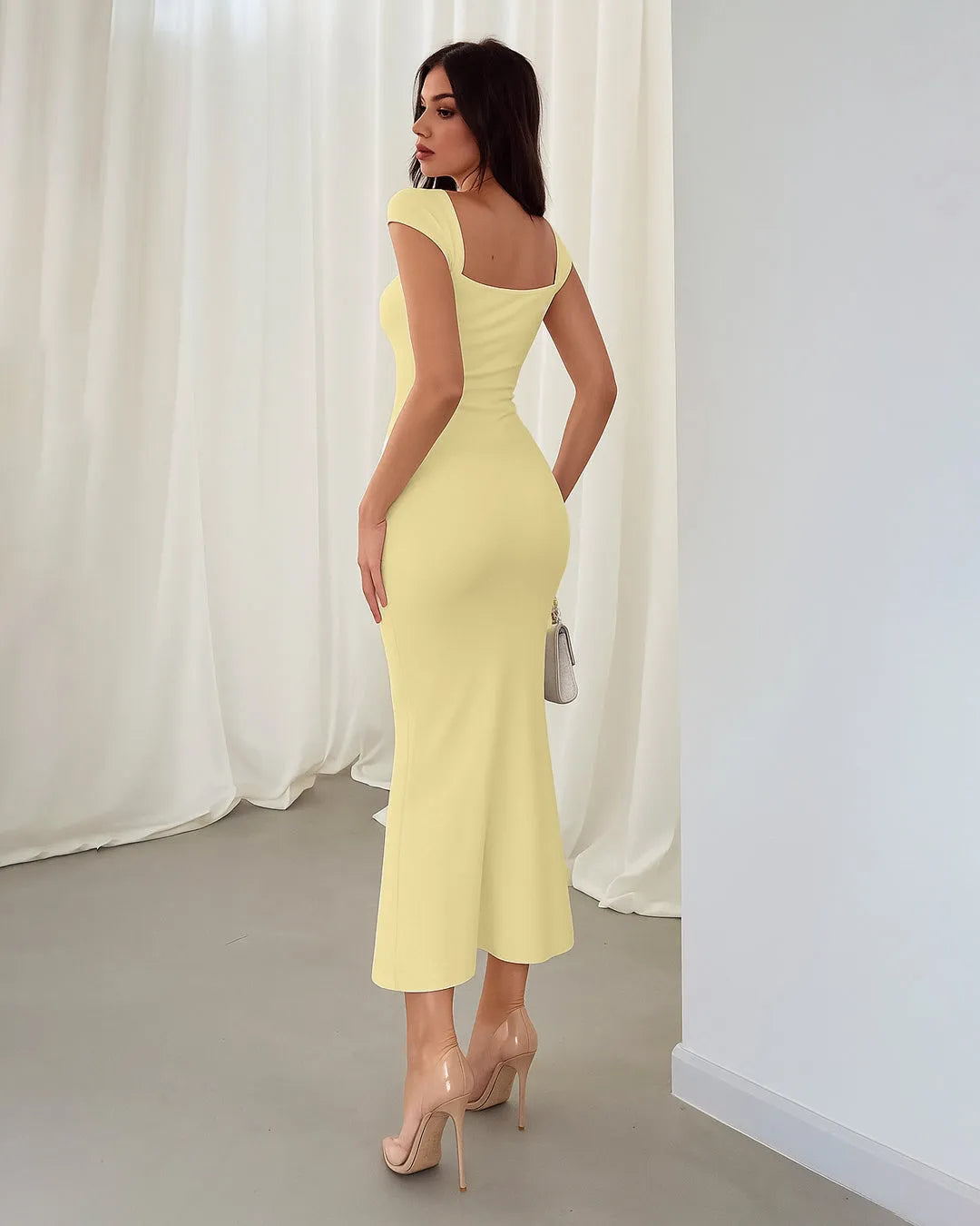 Square Neck Cap Sleeve Bodycon Midi Dress