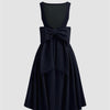 Navy Blue Backless long midi dress with a large bow detail at the back back view