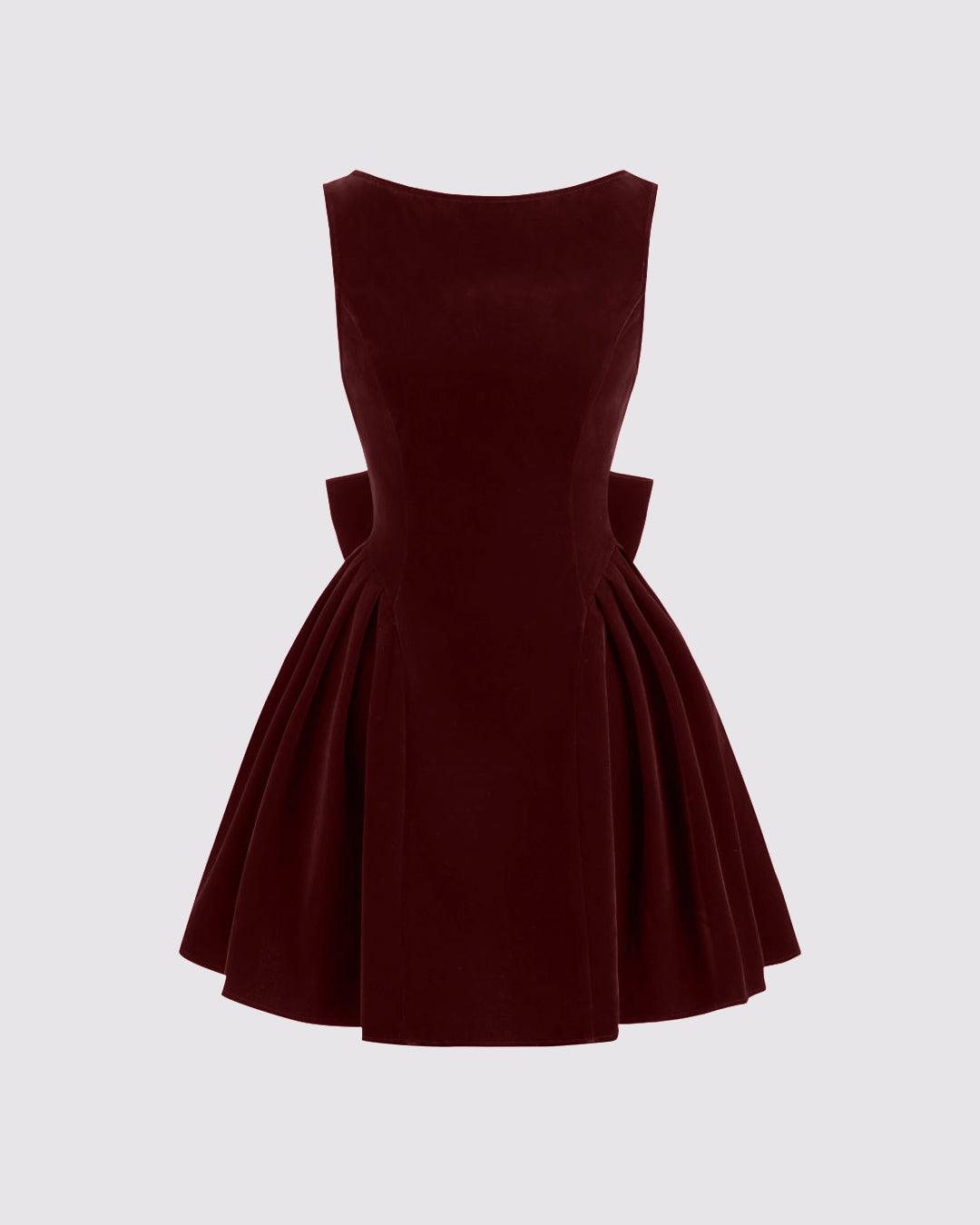 Velvet Boat Neck Bowknot Backless Short Midi Dress In Cherry Red