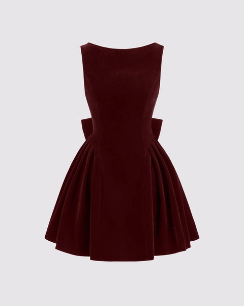 Velvet Boat Neck Bowknot Backless Short Midi Dress In Cherry Red Front View for Women | Littlebox India