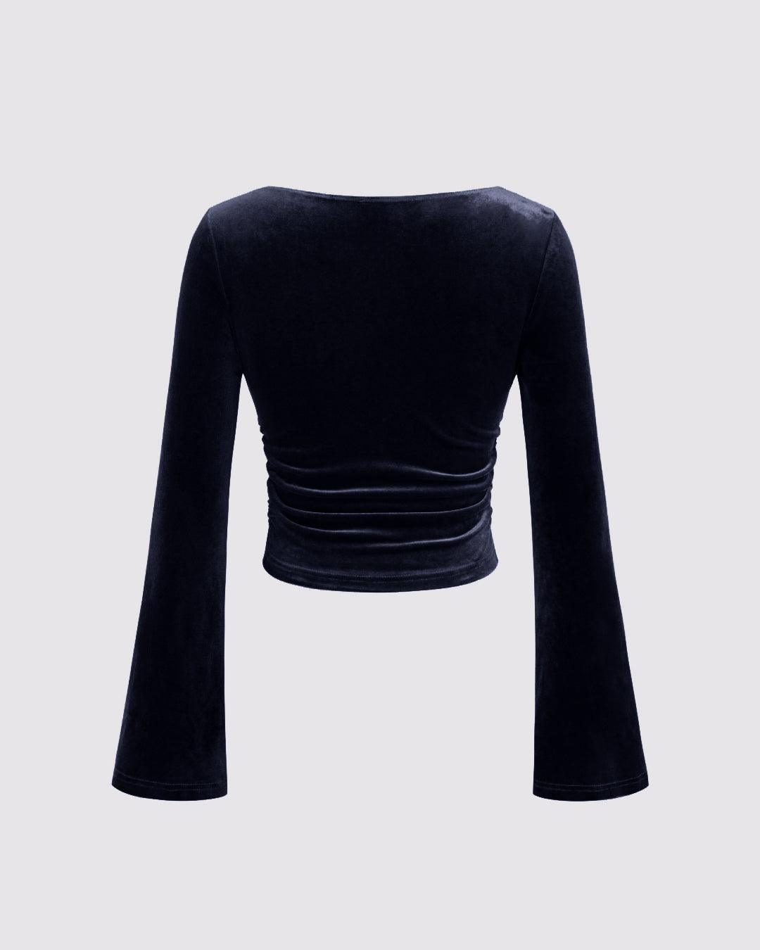 Velvet Boat Neck Solid Ruched Long Sleeve Crop Top In Navy Blue