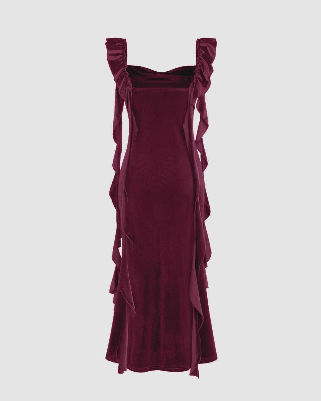 Velvet Cowl Neck Solid Ruffle Maxi Dress In Wine