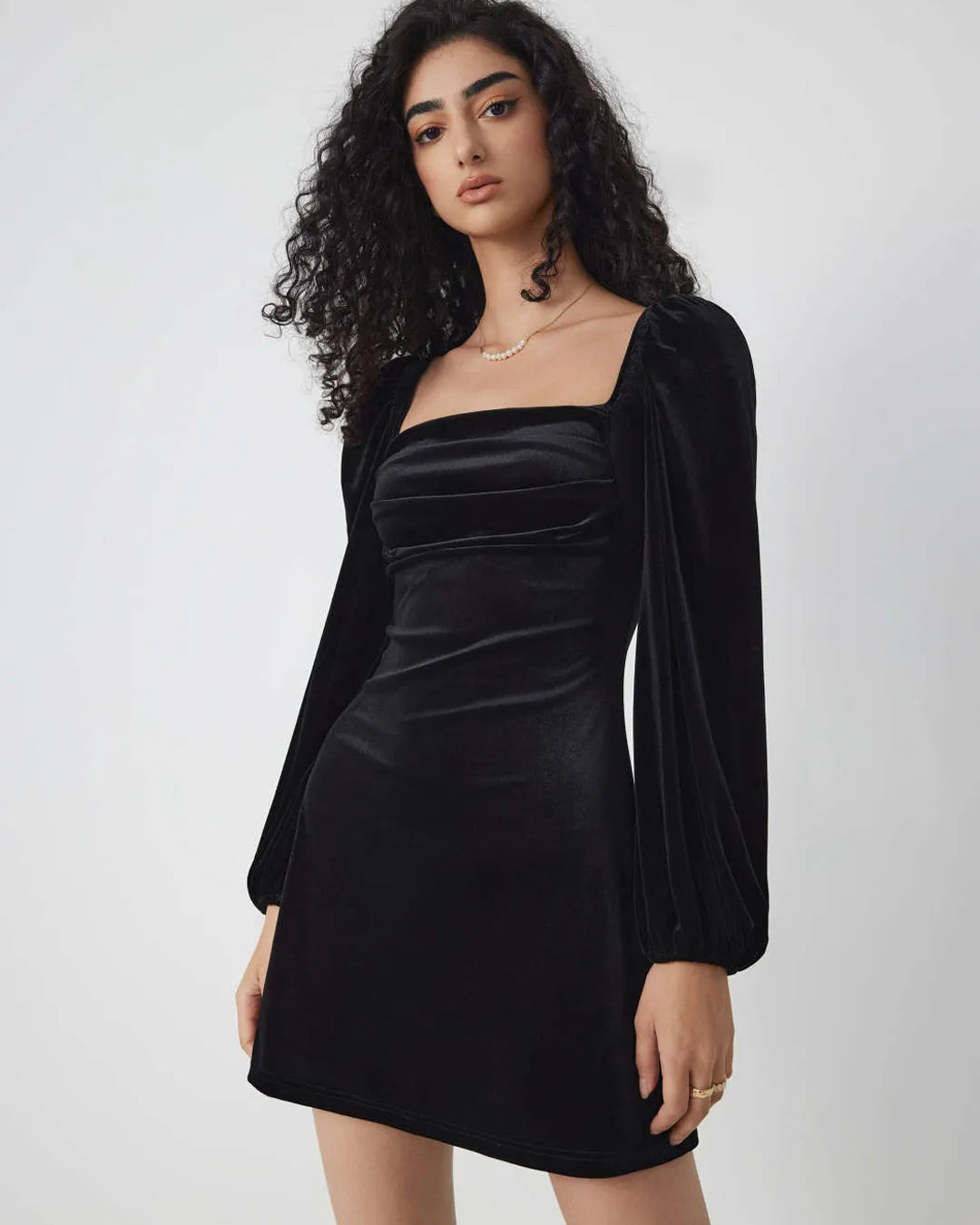 Velvet Square Neck Solid Ruched Black Mini Dress – Littlebox India