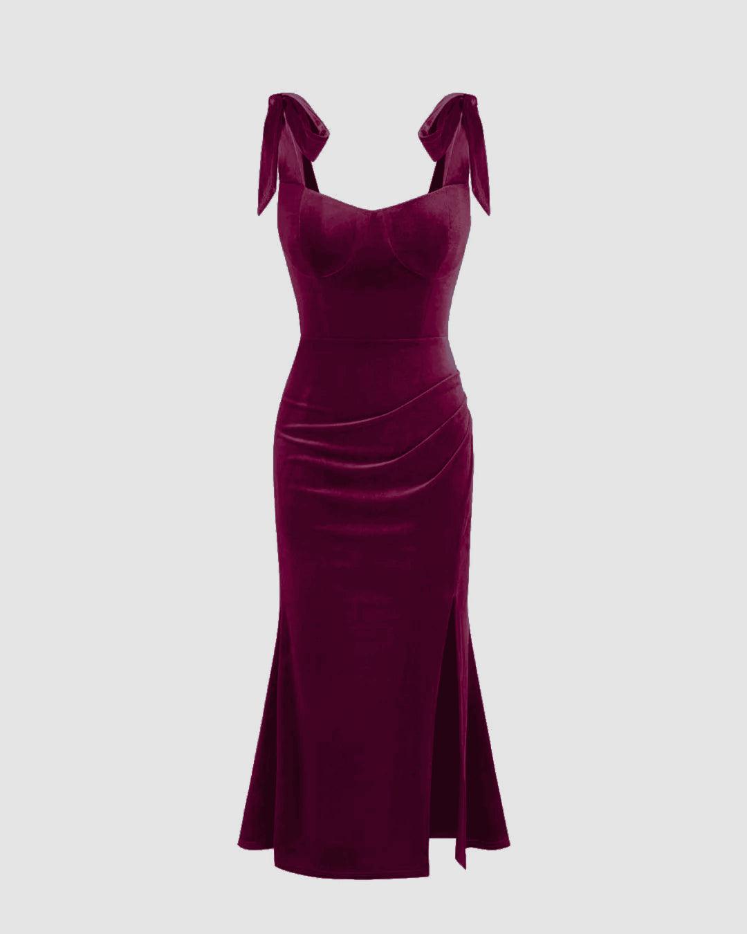 becky ruffle maxi dress in wine Velvet Cowl Neck Solid Ruffle Maxi Dress In Wine