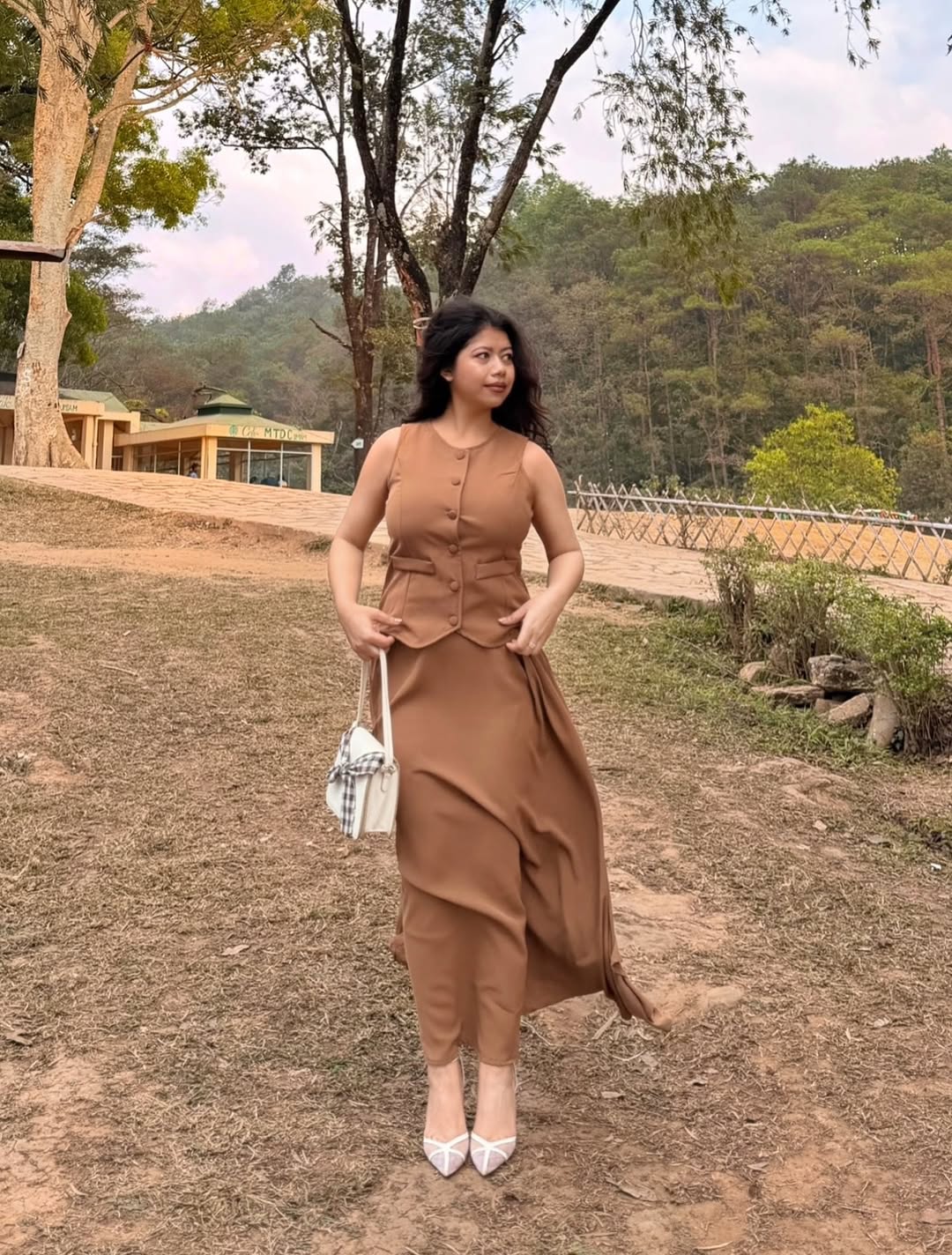 Customer photo 1 of Vest and Skirt Set Casual Round Neck Flared Midi in Brown