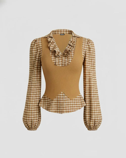 Front view of Vintage plaid patchwork long sleeve top for girls with 2-in-1 layered vest design and fitted waist style.