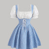 Vintage blue and white mini dress with half sleeves, featuring a plaid patchwork design, perfect for a classic summer look.