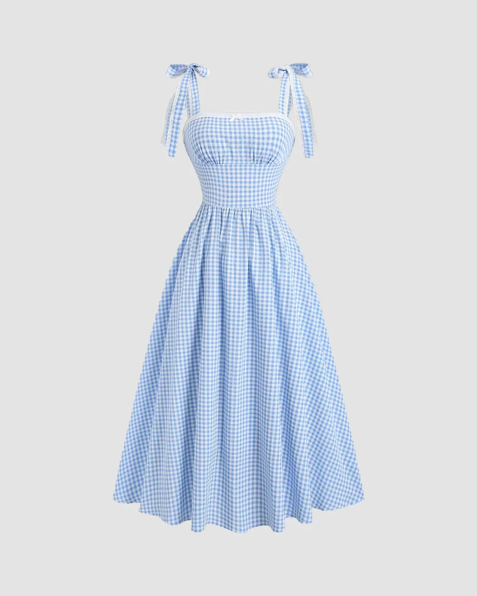 Vintage Inspired Blue Checkered Midi Dress