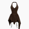 Front view of brown mini dress with halter neck, cinched waist and asymmetric hem for a stylish edgy look.
