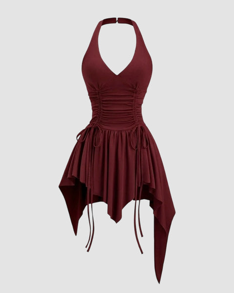 Vintage Punk Halter Asymmetric Cinched Waist Mini Dress in Maroon Front View for Women | Littlebox India