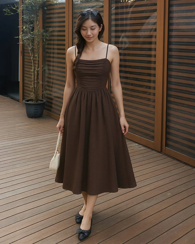 brown vintage dress Tea Length Empire Waist Dress, Scoop Neck Linen Midi Dress, Fit and Flare Dress, 3/4 Sleeve Swing Party Dress, Xiaolizi 0808# Slightly Stretch Women's Fit & Flare Long