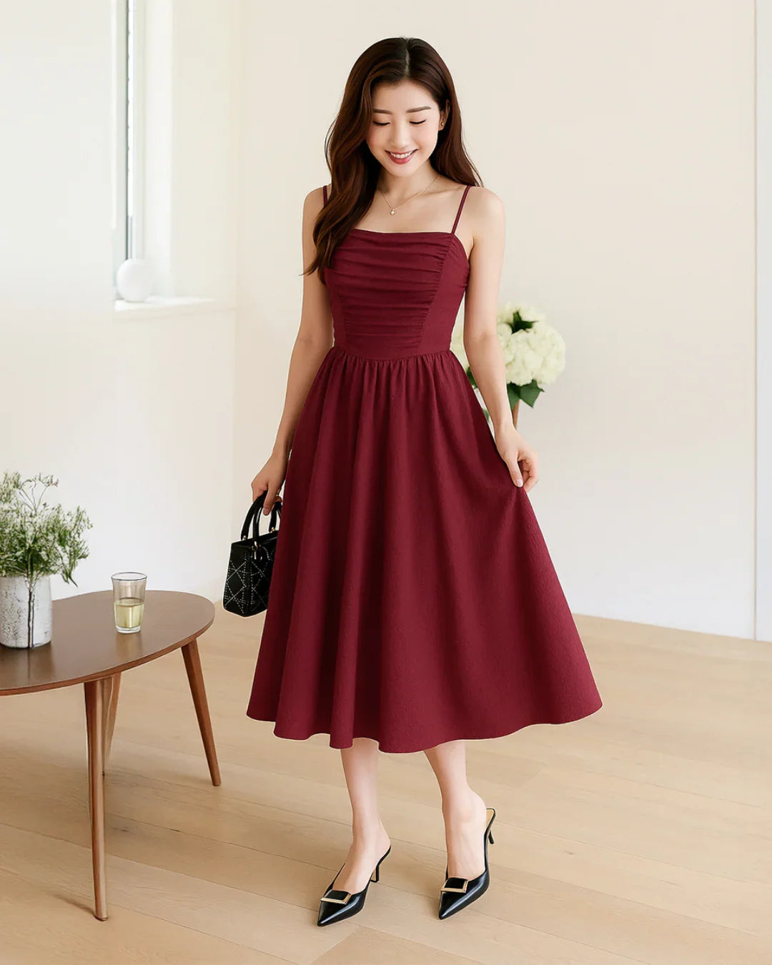 Vintage Retro Spaghetti Strap Maroon Dress - Littlebox India Vintage Retro Spaghetti Strap Maroon Dress - Littlebox India