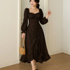 Vintage Square Collar Puff Sleeve Drawstring Ruffle Long Dress