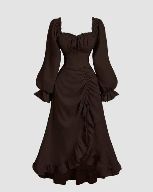 Vintage brown dress featuring ruffled sleeves and a square collar, with a drawstring and long length