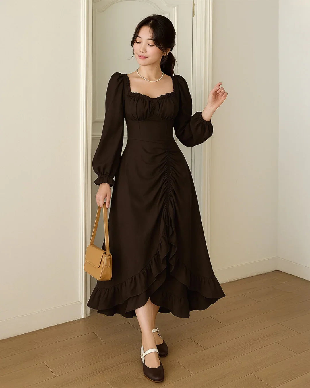 Vintage Puff Sleeve Drawstring Ruffle Long Dress - Littlebox India