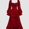 Vintage cherry red dress with ruffled sleeves, long sleeves, and a square collar, featuring a drawstring waist
