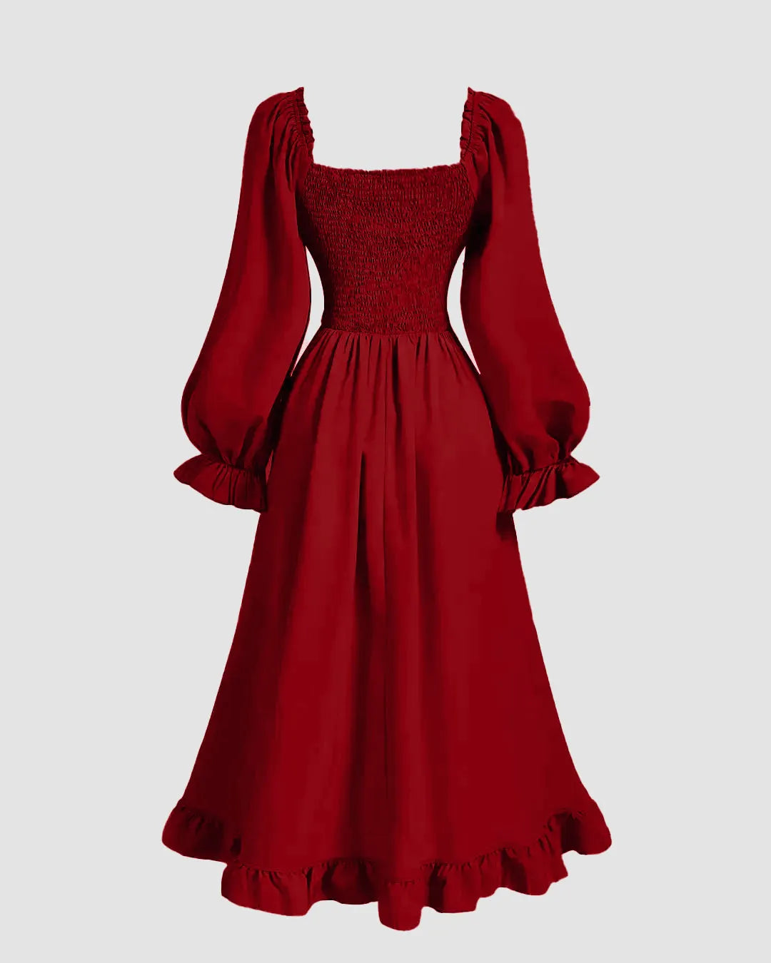 Vintage Square Collar Puff Sleeve Drawstring Ruffle Long Dress In Cherry Red