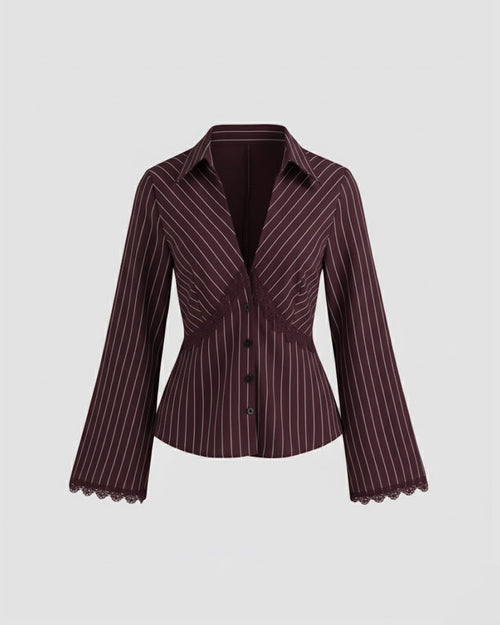 Front view of Wine striped pinstripe peplum top with full sleeves and a collared neckline, featuring a fitted waist and flared hem for a structured look