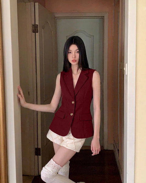 Tailored Sleeveless Blazer Waistcoat In Burgundy