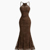 Off Shoulder Ruched Mermaid Maxi Dress in Chocolate Brown