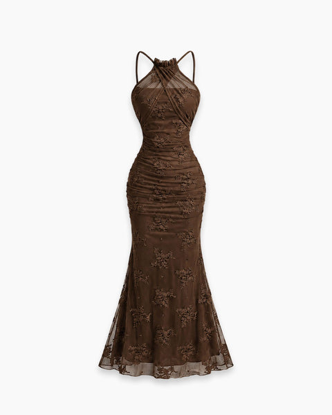 Halter Neck Ruched Mermaid Maxi Dress in Chocolate Brown