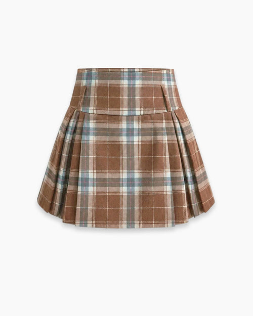 High Waist Plaid Pleated Mini Skirt in Mocha Brown