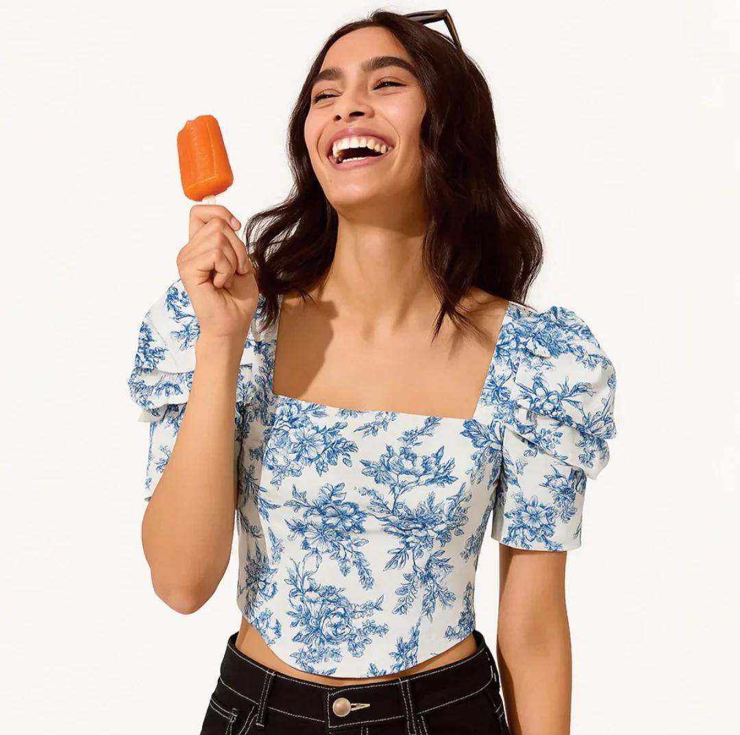 Party Floral Crop Top in Blue and White - Littlebox India