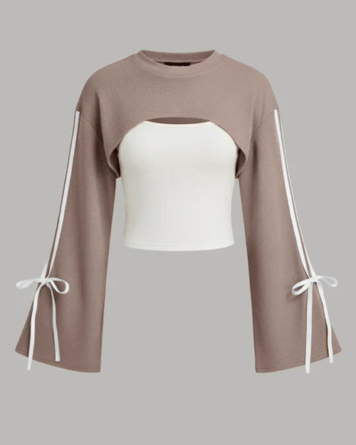Casual Cut-Out Round Neck Full Sleeve Top in Mocha Brown and Classic White