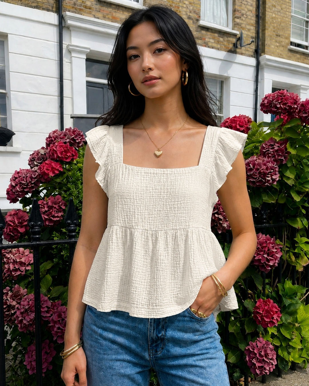 Andwang Classical Ribbon Frill Top S SHOWOFFFF Women Solid Casual 