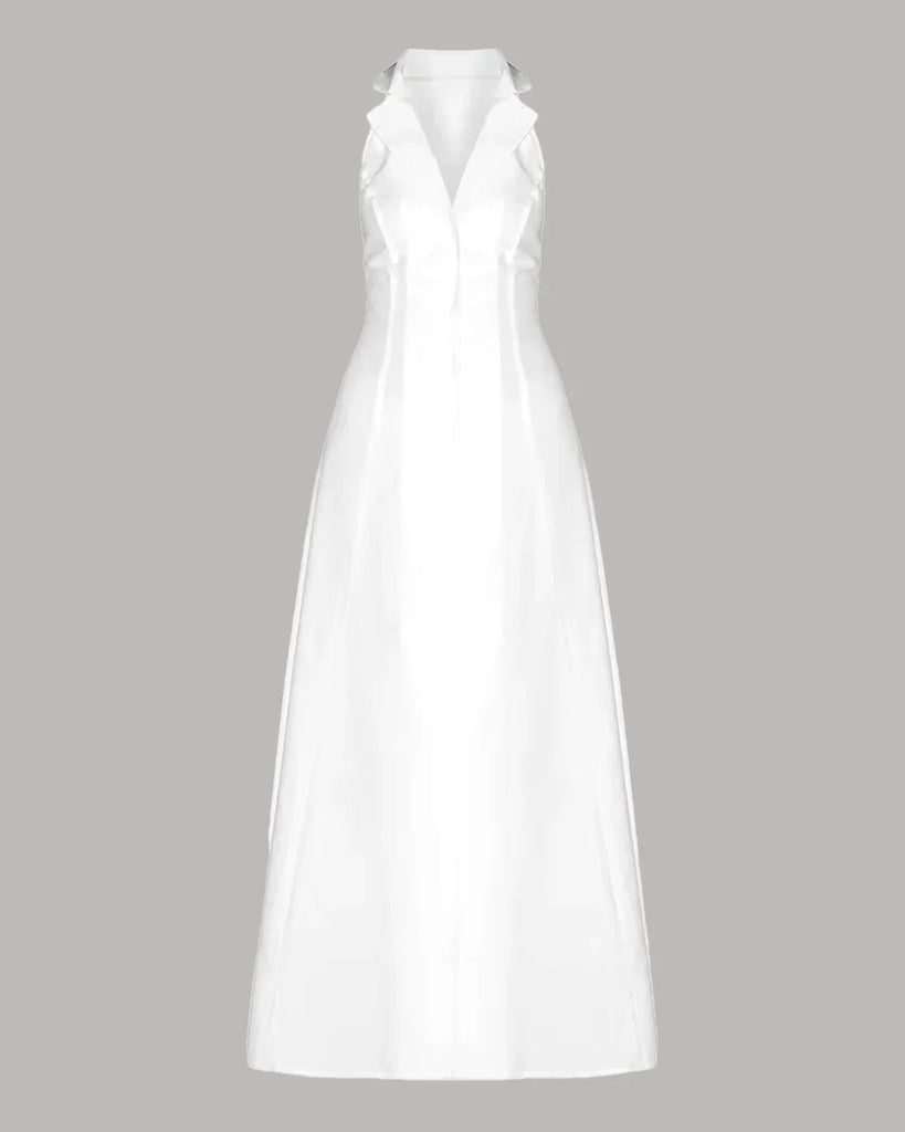 White halter neck maxi dress featuring a deep neckline and a front slit, elegant and stylish for formal occasions.