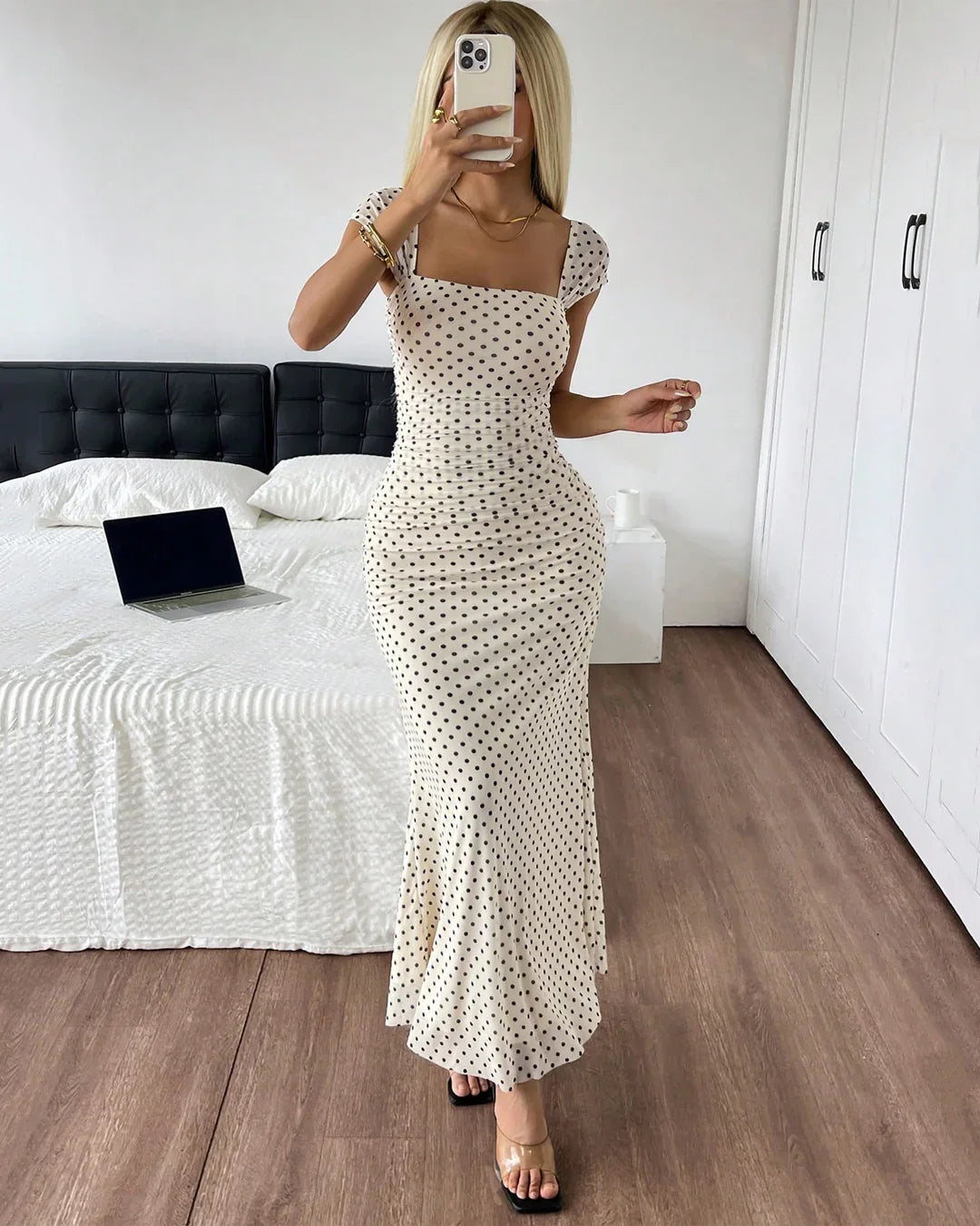 White Polka Dot Square Neck Short Sleeve Slit Maxi Dress