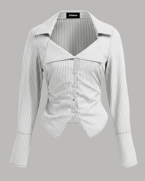 Front view of white striped shirt with pinstripe pattern and collared neckline, featuring a fitted waist and structured silhouette