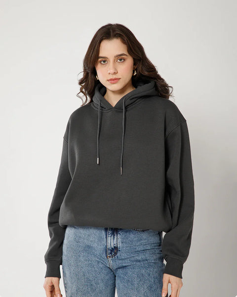 Front view of Grey full sleeve hoodie for women with drawstring hood, relaxed fit, and soft fabric for everyday casual wear.