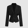 Woven Collar Solid Lace Up Button Blazer In Black Front View for Women | Littlebox India
