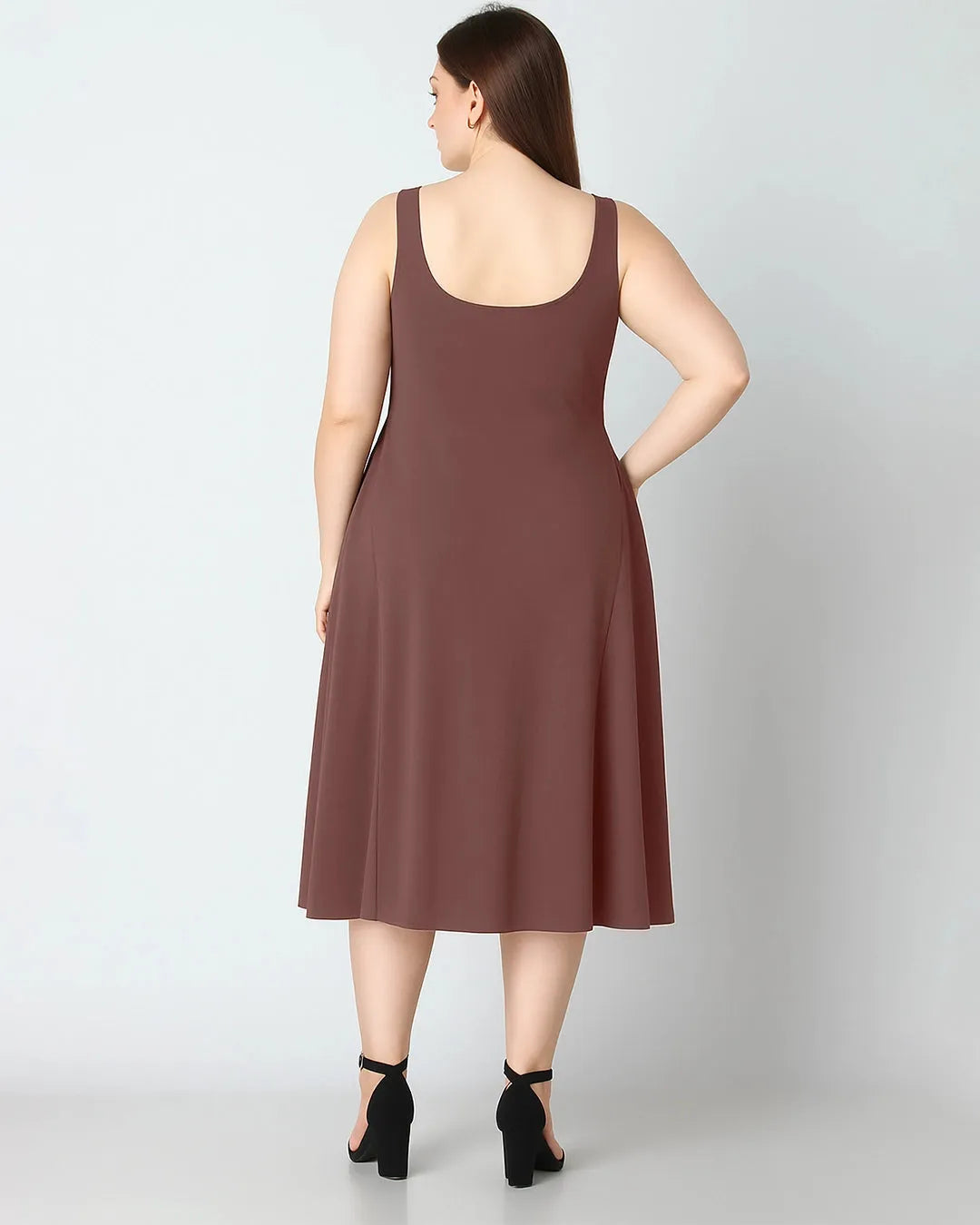 woven square neck solid midi dress Woven Square Neck Solid Ruffle Long Brown Midi Dress Curve & Plus