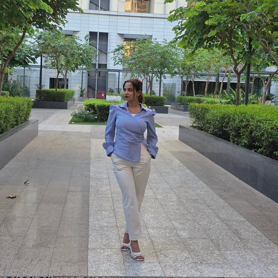 Customer photo 2 of Wrap Style Collared Neck Striped Full Sleeve Top in Blue and White