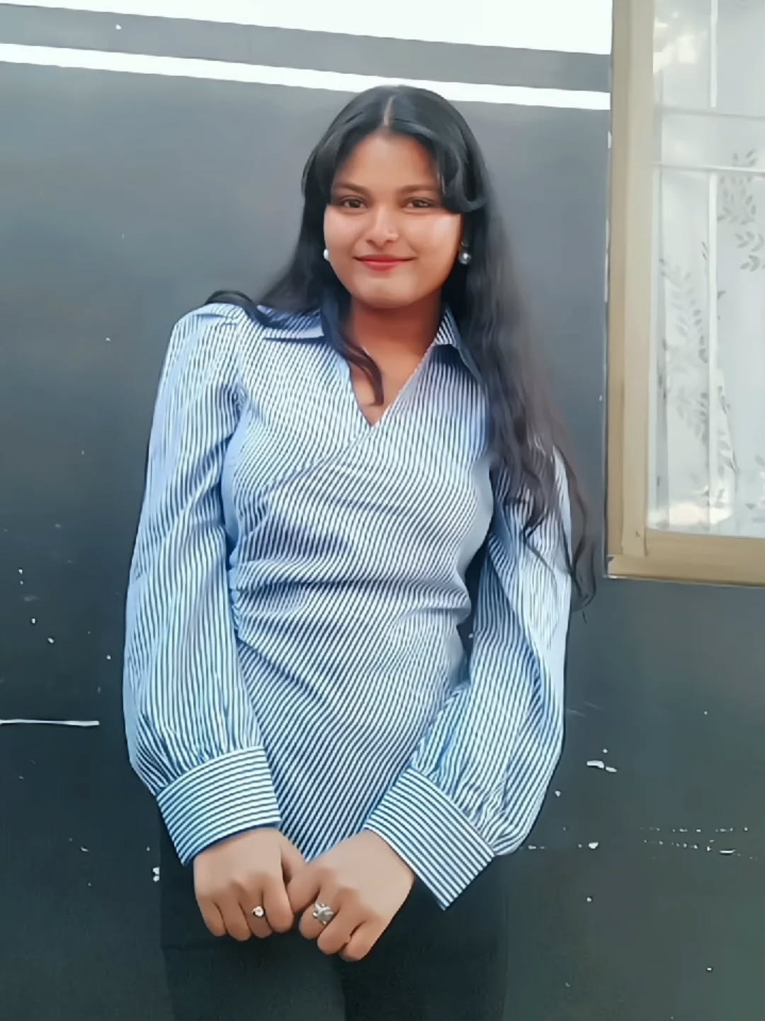 Customer photo 3 of Wrap Style Collared Neck Striped Full Sleeve Top in Blue and White