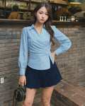 Wrap Style Collared Neck Striped Full Sleeve Top in Blue and White