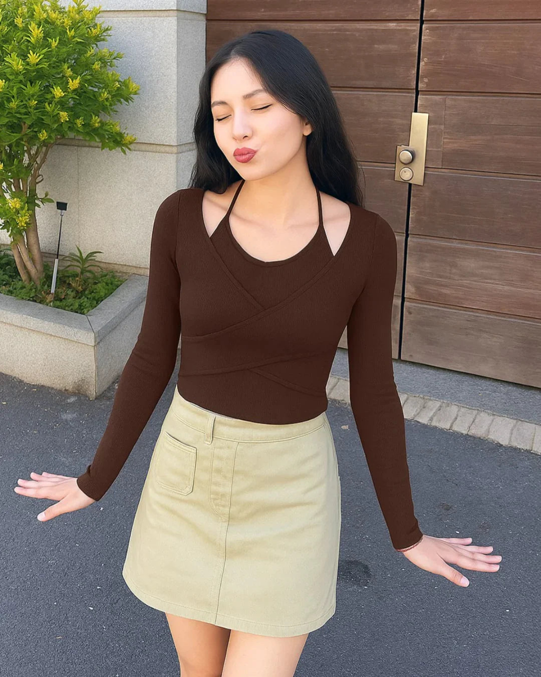 Long Sleeve Crop Top with Neck Tie in Brown - Littlebox India