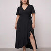 Wrap Style V Neck Short Sleeve Tie Dress Curve & Plus in Black Front View for Women | Littlebox India