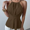 Wrap Tie Waist Solid Color Criss-Cross Sleeveless Top in Chocolate Brown Front View for Women | Littlebox India