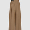 Brown wide leg trousers with pleated design, featuring a wrapped style and no belt