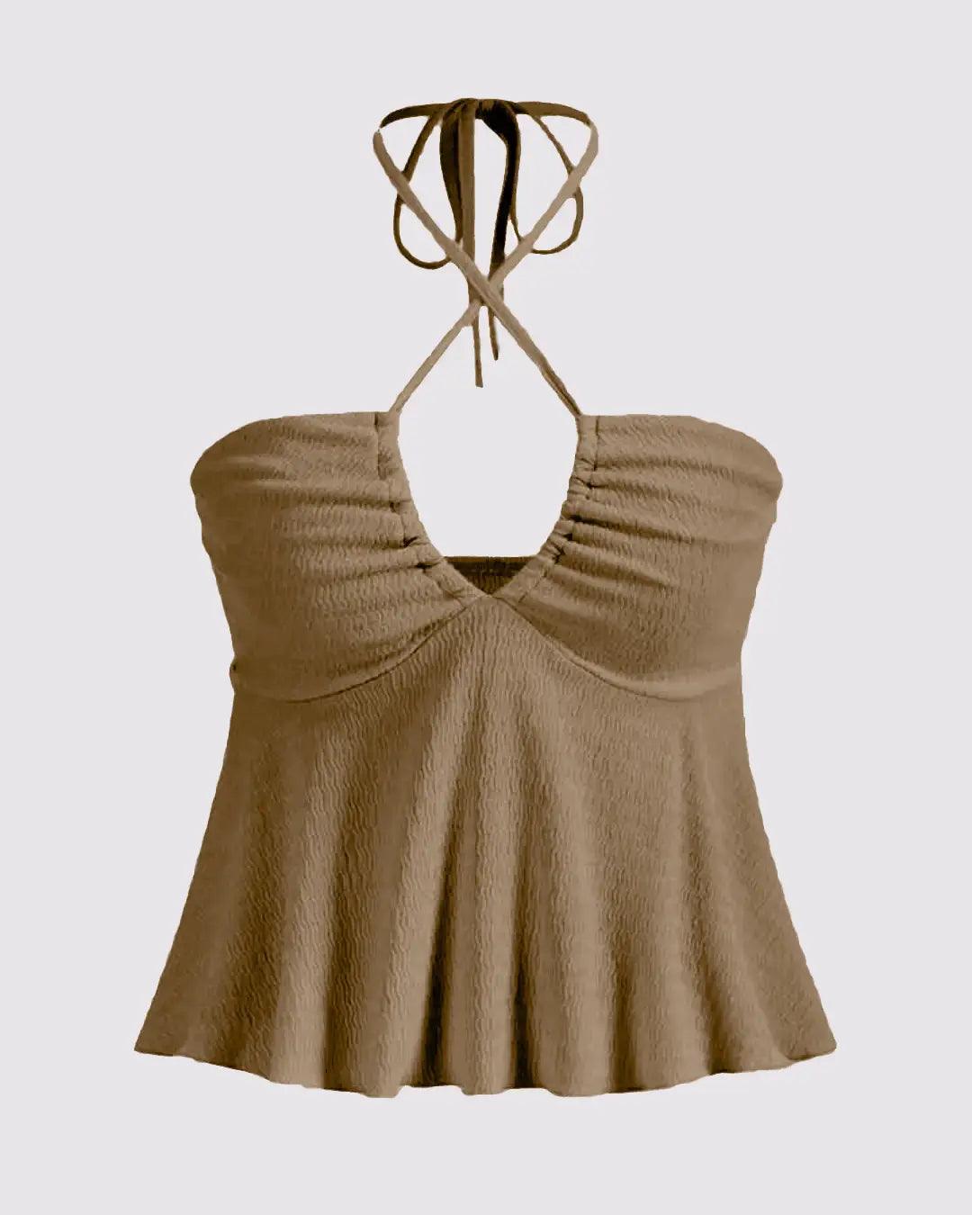 Brown Backless Tank Top with Mid-Section Tie Detail