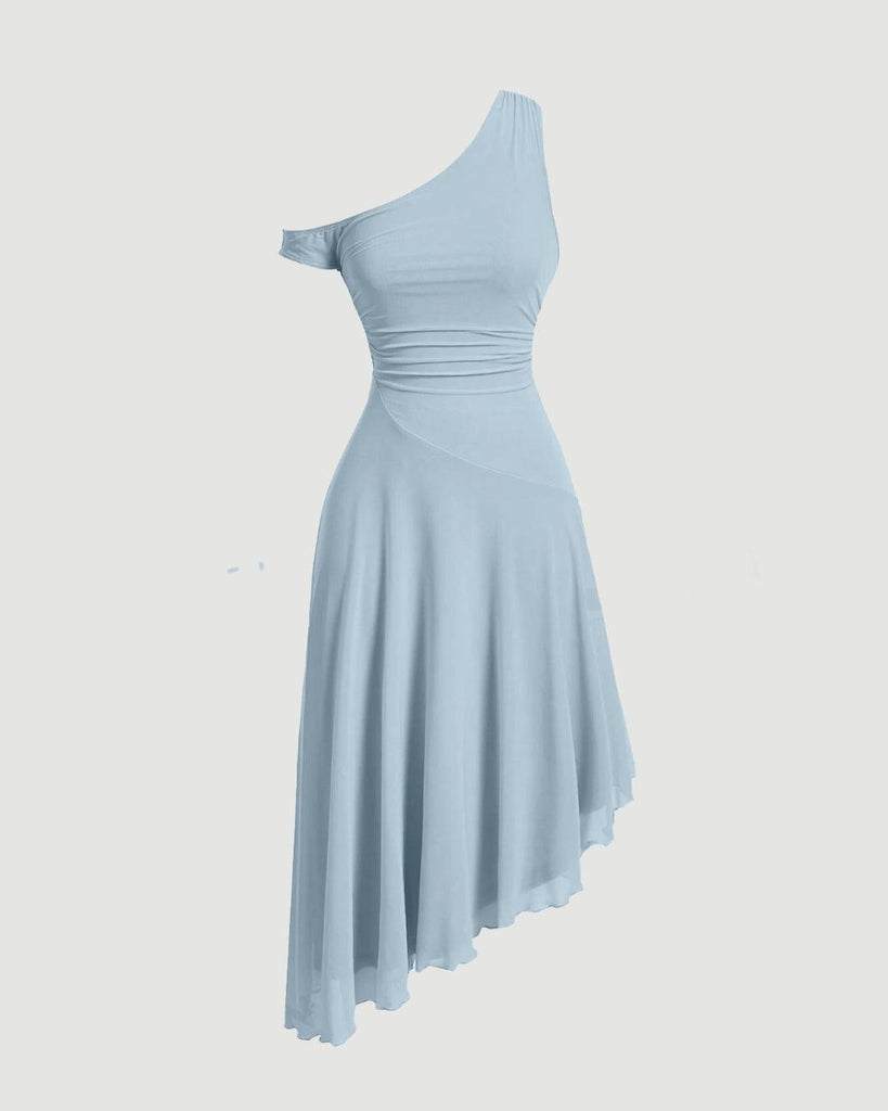 A light blue dress featuring an asymmetric neckline and short sleeves, embodying the bold, playful essence of Y2K fashion.
