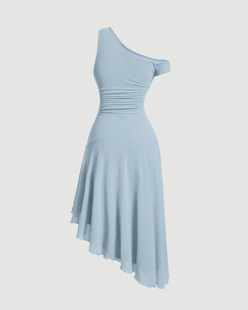 A light blue dress featuring an asymmetric neckline and short sleeves, embodying the bold, playful essence of Y2K fashion.