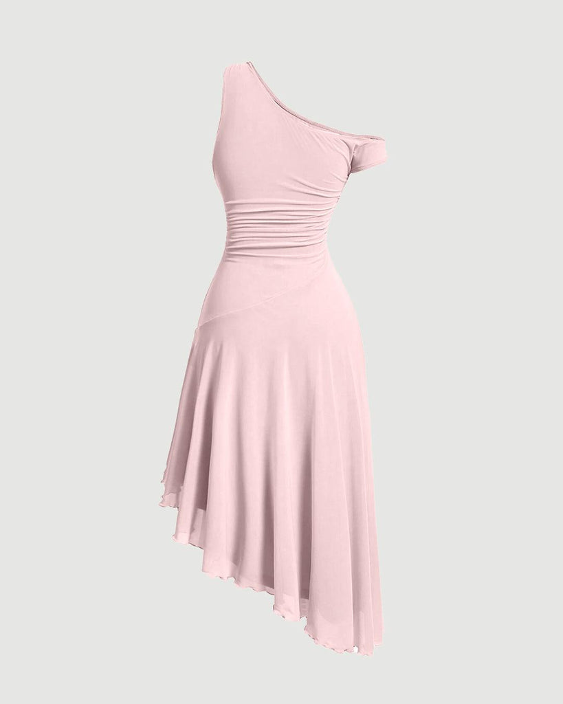 A light pink dress featuring an asymmetric neckline and short sleeves, embodying the bold, playful essence of Y2K fashion.