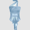 Stylish Y2K-inspired ruched bandeau top in blue, featuring a detachable sheer scarf detail that wraps elegantly around the neck